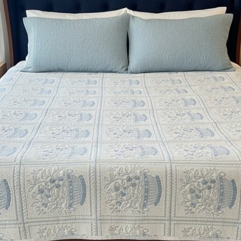Vtg. Revert Spain Blue White Basket Matelassé Bedspread Queen Coverlet 104x90